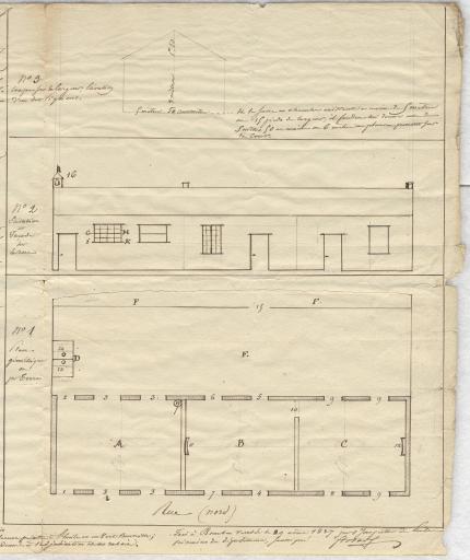 Projet d'acquisition et de réparation d'une maison d'école : plan géométrique et élévation de la maison d'école projetée, avec une légende explicative.